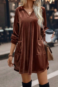 Brown Velvet Pocket Dress