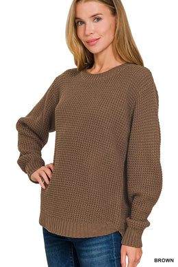 HI-LOW LONG SLEEVE ROUND NECK WAFFLE SWEATER