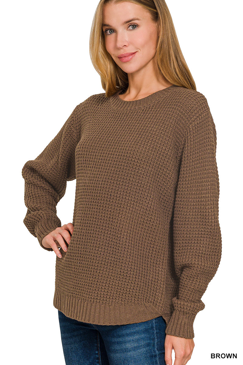 HI-LOW LONG SLEEVE ROUND NECK WAFFLE SWEATER