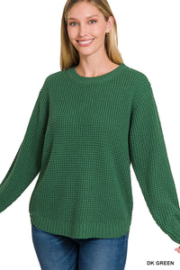 HI-LOW LONG SLEEVE ROUND NECK WAFFLE SWEATER